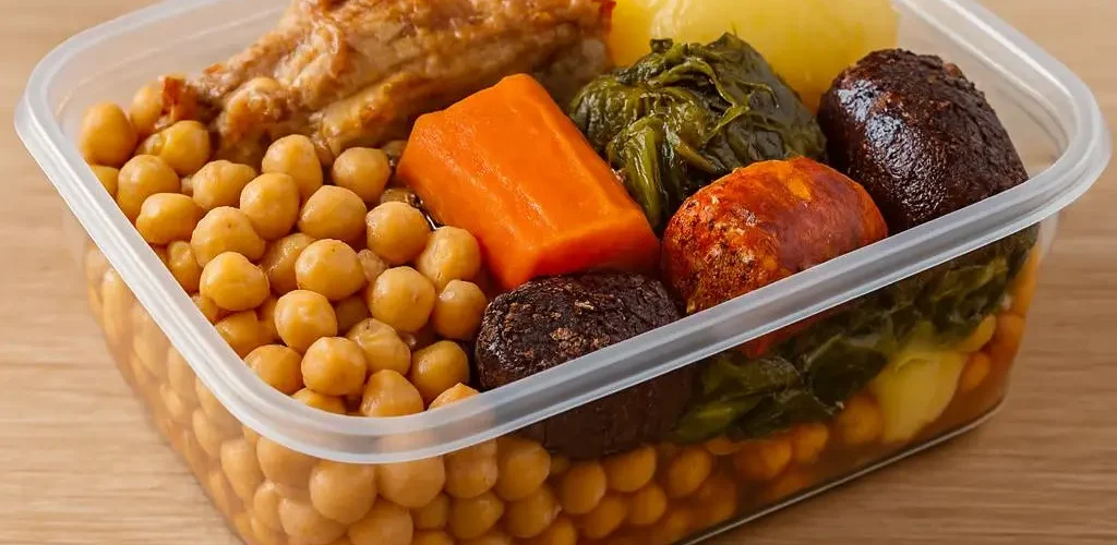 cocido de garbanzos, morcilla, chorizo, patata, pollo, costillas