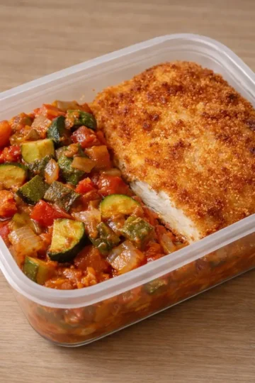 Milanesa de pollo con pisto casero en tupper — Delantales y Fogones Madrid