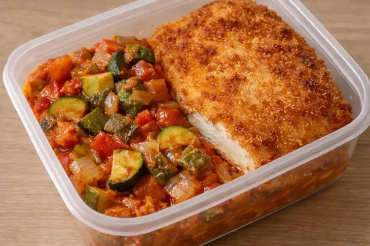 Milanesa de pollo con pisto casero en tupper — Delantales y Fogones Madrid